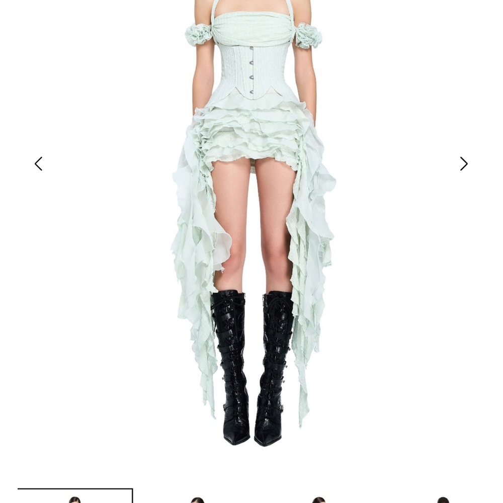 LOTIS DRESS (MINT) Ruffled High-Low Corset Dress with Off-Shoulder Sleeves